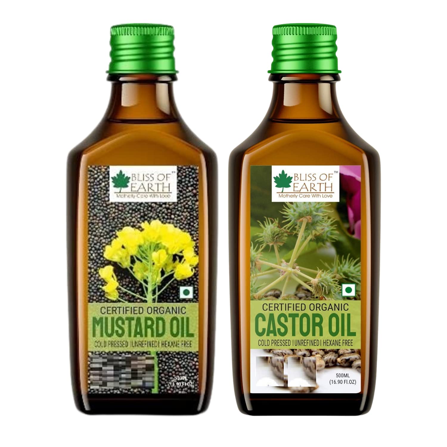 Bliss of Earth 500ML Certified Organic Mustard Oil+500ML Certified Organic Castor Oil for Hair Growth Cold Pressed & Hexane Free(pet bottle)