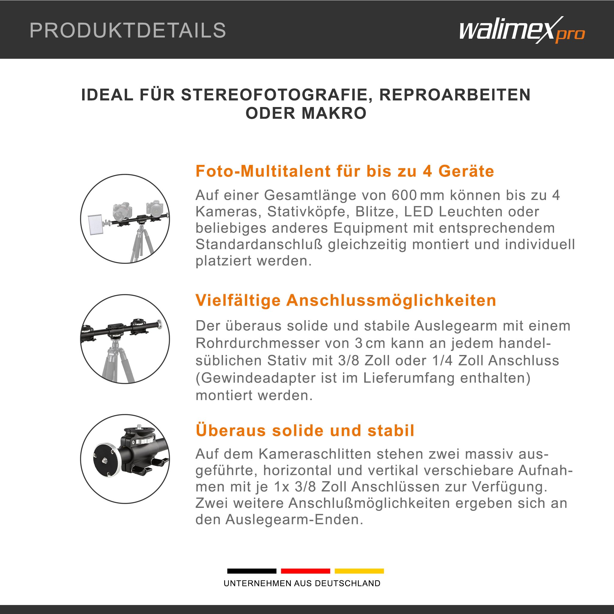 Walimex WT-628 Auslegearm (2 horizontal und vertikal verstellbare Schlitten, 2x 3/8 Zoll, 2x 1/4 Zoll, 60 cm lang, für bis zu 4 Geräte, Rohrdurchmesser 30mm, 60 cm, mit 2 Schlitten)