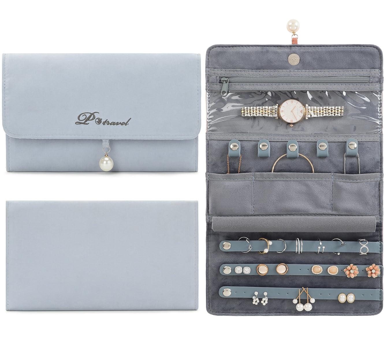 Vanfn Women's Pearl-Sky Blue Jewelry Rolls, Travel Jewelry Organizer Roll, Foldable Jewelry Case, Jewelry Storage Bag For Journey-Rings, Necklaces, Earrings, Bracelets, Watches, Brooches P.travel Series