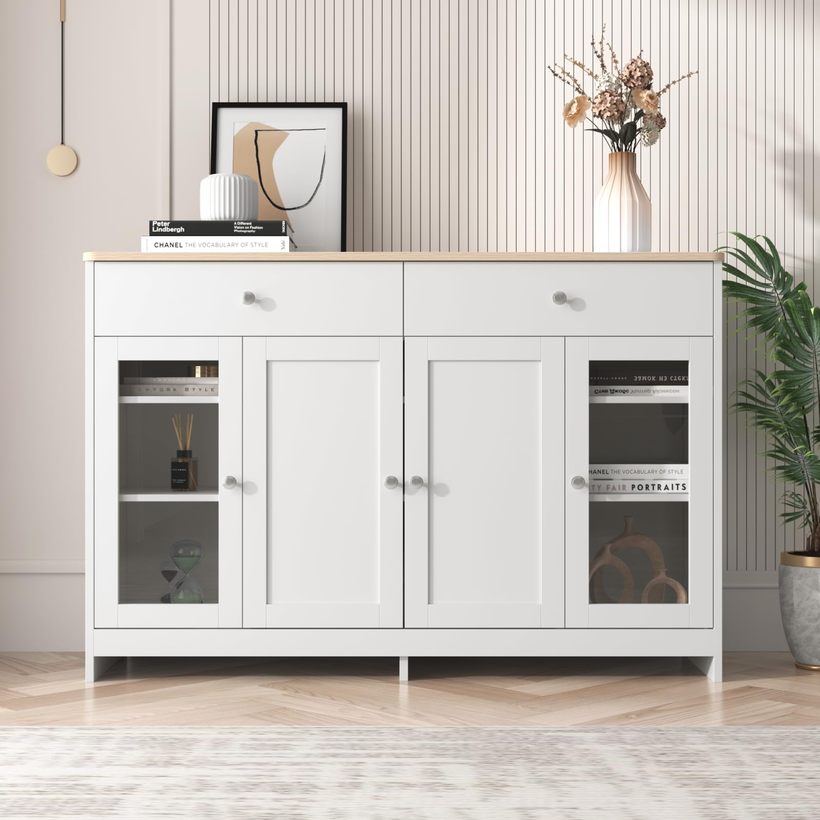 Kredens z białym rysunkiem słojów, komoda z 4 drzwiami i 2 szufladami, komoda z szufladami z regulowanym regałem, uniwersalna szafka do korytarza, salonu, 120 x 37 x 80 cm, kolor drewna i