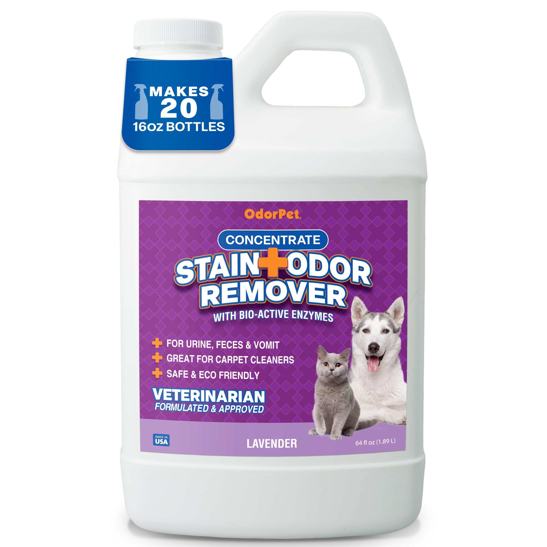 OdorPet Pet Stain Remover and Odor Eliminator - 64 Oz (Makes 2.55 Gallons of Working Solution) Non Staining, Professional Strength, Lavender Scent by Alpha Tech Pet