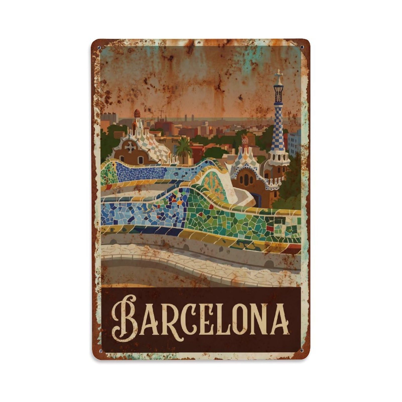 Okngb Style Vintage Modernist Mosaics Barcelona Catalonia Landmark Metal Tin Sign Plaque Wall Decor For Cafe, Man Cave, Club Bar, Office, Home Garden Round Metal Poster 8X12inch