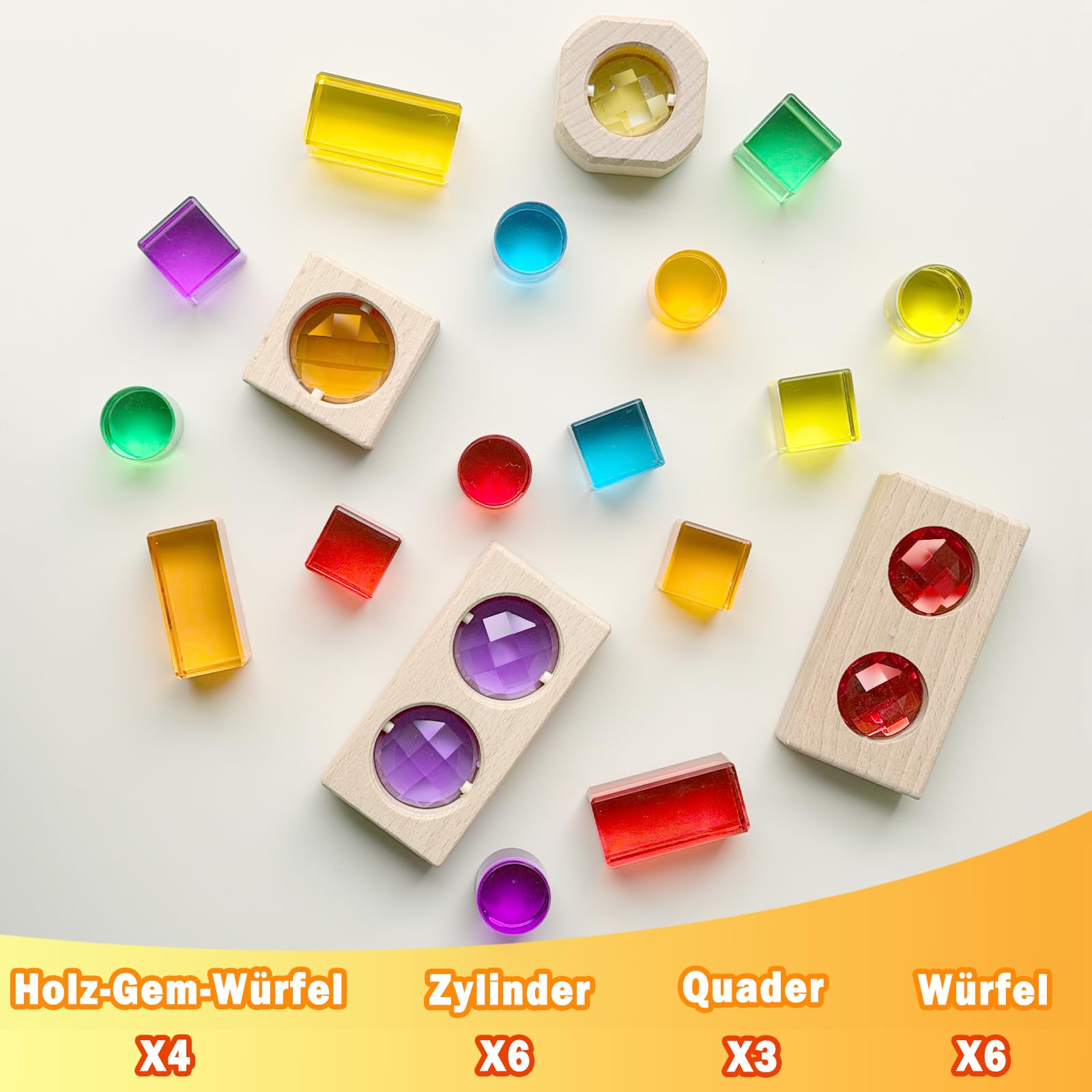 Acryl Bausteine Set, 19-teilig lichtbausteine, Stapelbar für Lichteffekte | Transparente Acryl Bausteine Würfel, Quader, Zylinder & Holz-Gem-Würfe, Sensorik Förderung bei Kindern (Rainbow)
