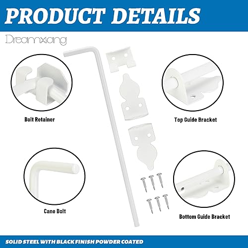 Miniatura 7 de Cerrojo de caña de alta resistencia de 18 pulgadas para cercas de madera, PVC, metal, puertas, puertas dobles, acero sólido blanco, paquete de 2