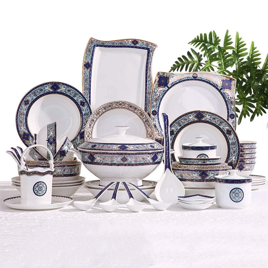 SAeWare Juego de vajilla de cerámica con 55 piezas/cuenco/olla de sopa/cuchara, vajilla de porcelana de hueso, juego de combinación de porcelana con patrón de jardín azul