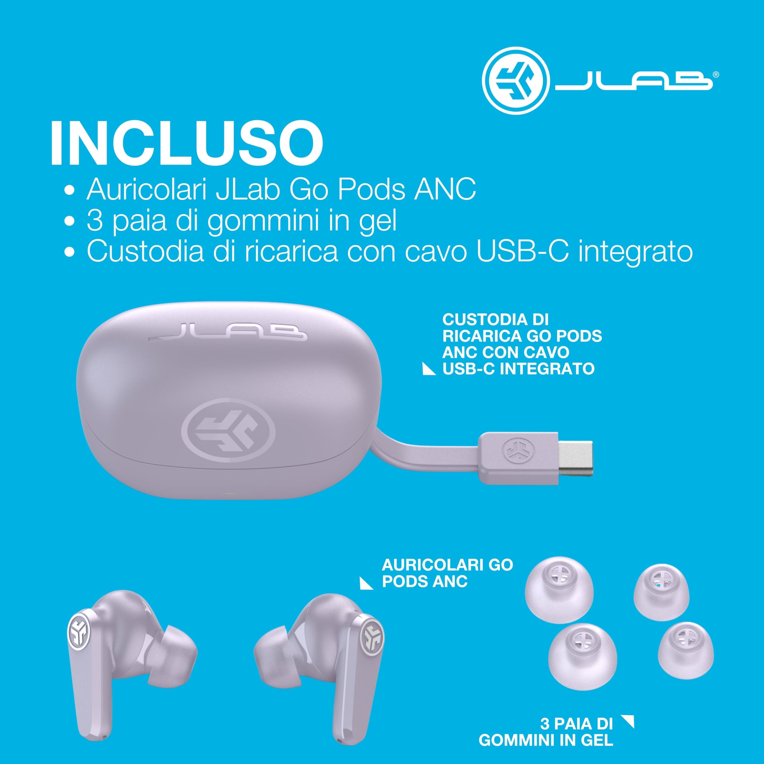 JLab Go Pods ANC Auricolari Bluetooth Cancellazione Rumore, Lilla | Cancellazione Attiva del Rumore Ibrida, Cuffie Wireless IP55, 26h+ Autonomia, Chiamate Nitide, Audio via App