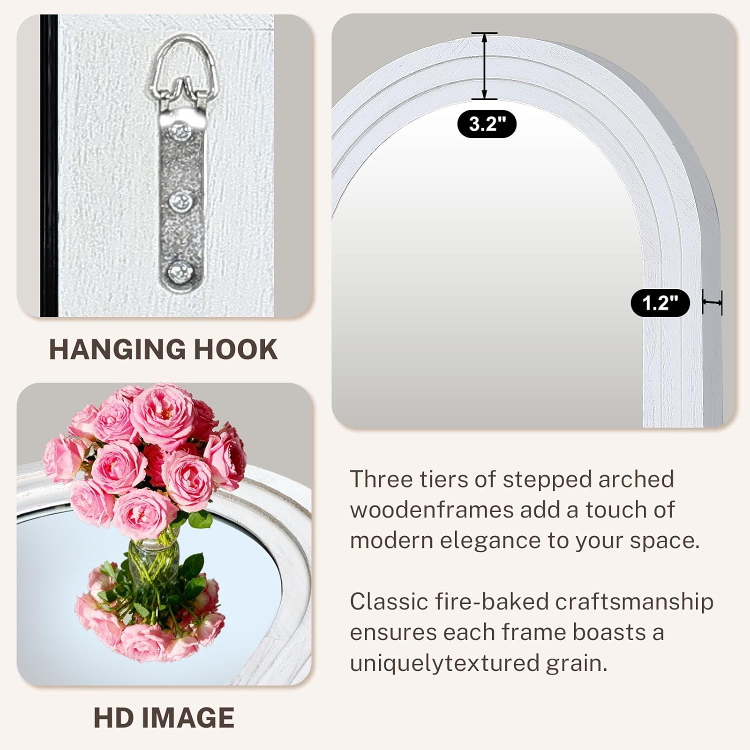 Full Length Mirror 71"x30" Arched Solid Wood Frame Floor Standing Mirror, Hanging or Leaning Wall-Mounted for Living Room, Bedroom, Rustic White