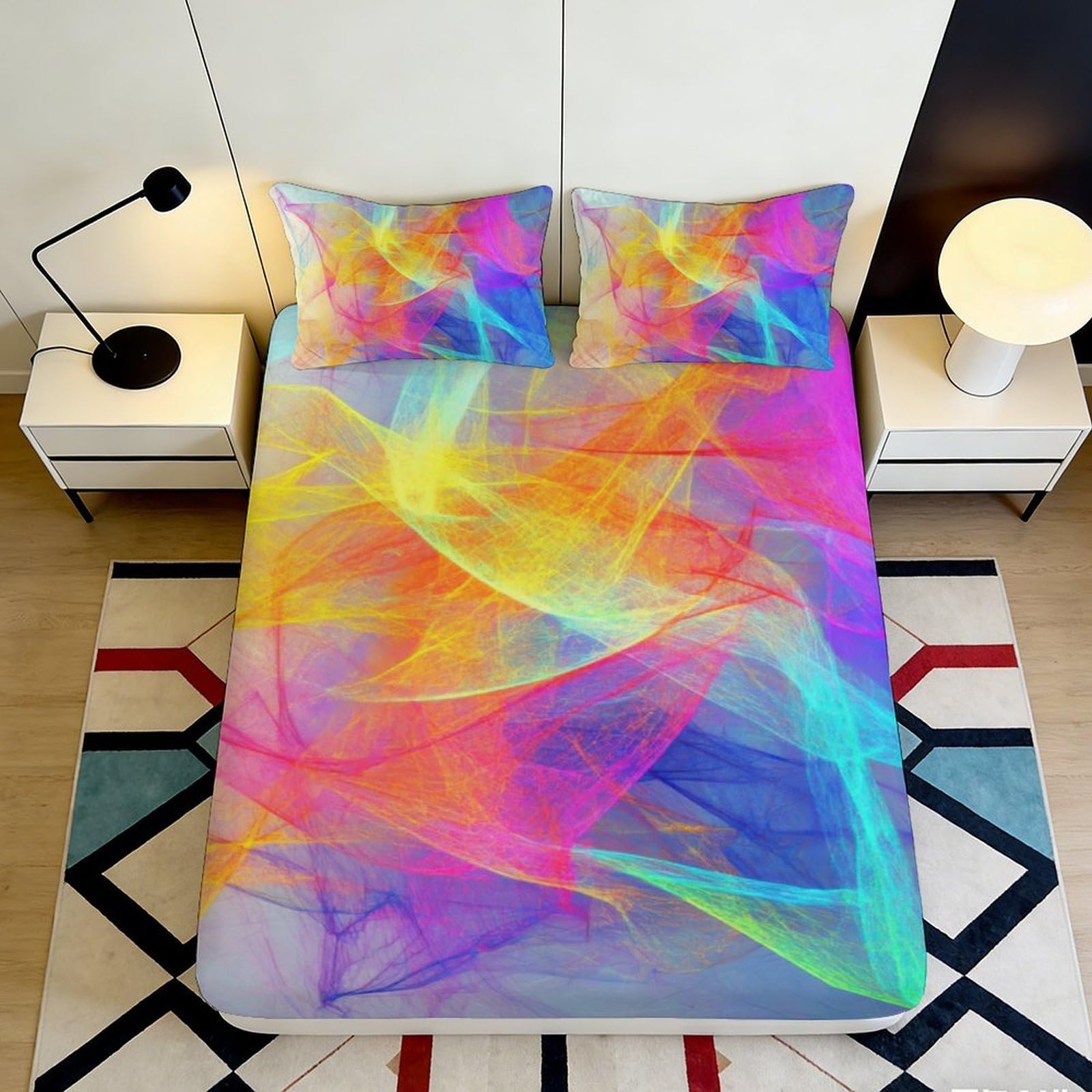 3D Printed Neon Abstract Fitted Sheet Microfiber Soft Breathable Rainbow Wave Mattress Cover for Bedroom Dorm Mattress Protection Decor 120x200x25cm