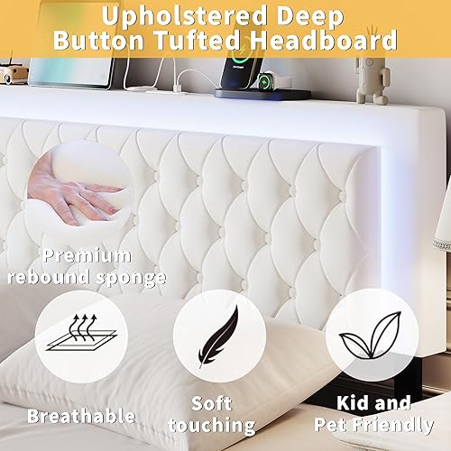 Miniatura 4 de Base de cama tamaño Queen, marco de cama LED Queen con cabecero y armarios de almacenamiento, marco de cama tapizado de terciopelo Queen con Blanco