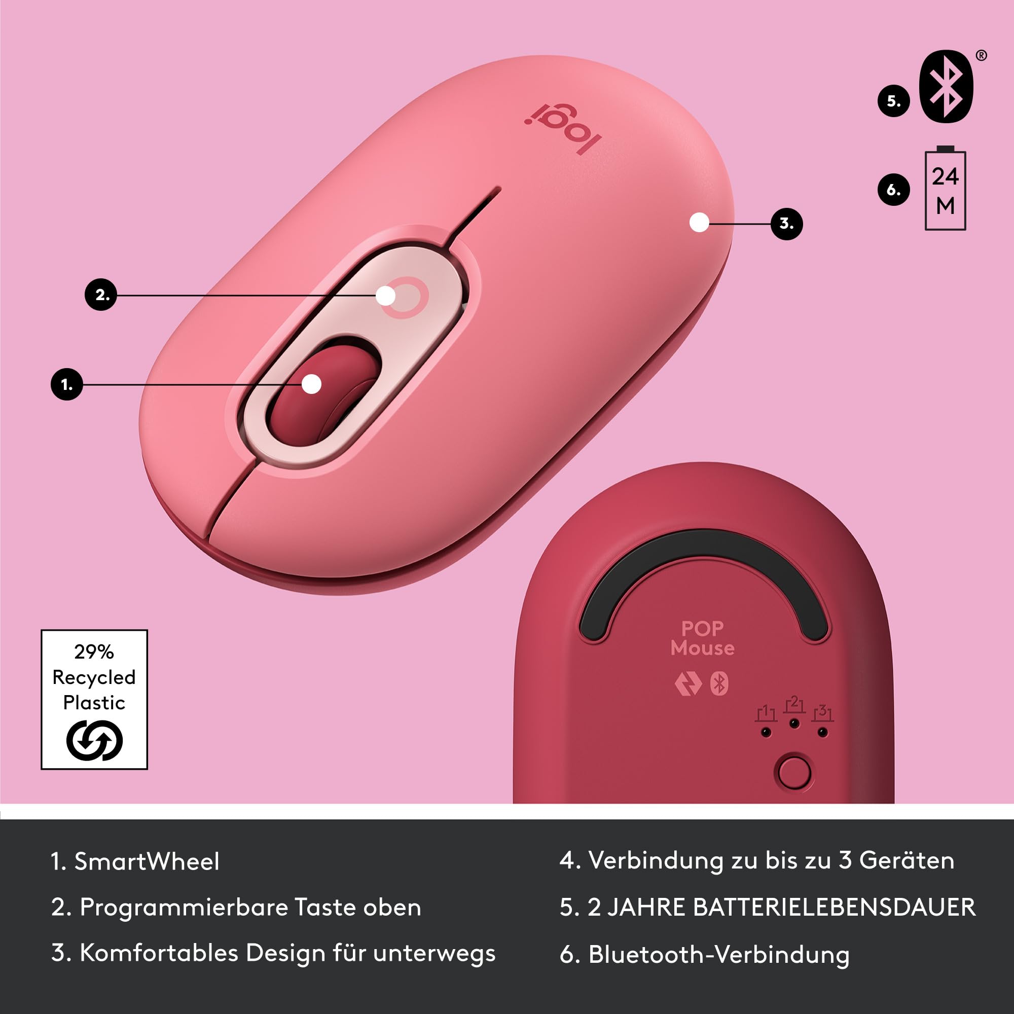 Logitech POP Mouse, Kabellose Maus mit anpassbaren Emojis, SilentTouch-Technologie, Präzises/schnelles Scrollen, Kompakt, Bluetooth, USB, Multi-Device, OS-kompatibel - Heartbreaker