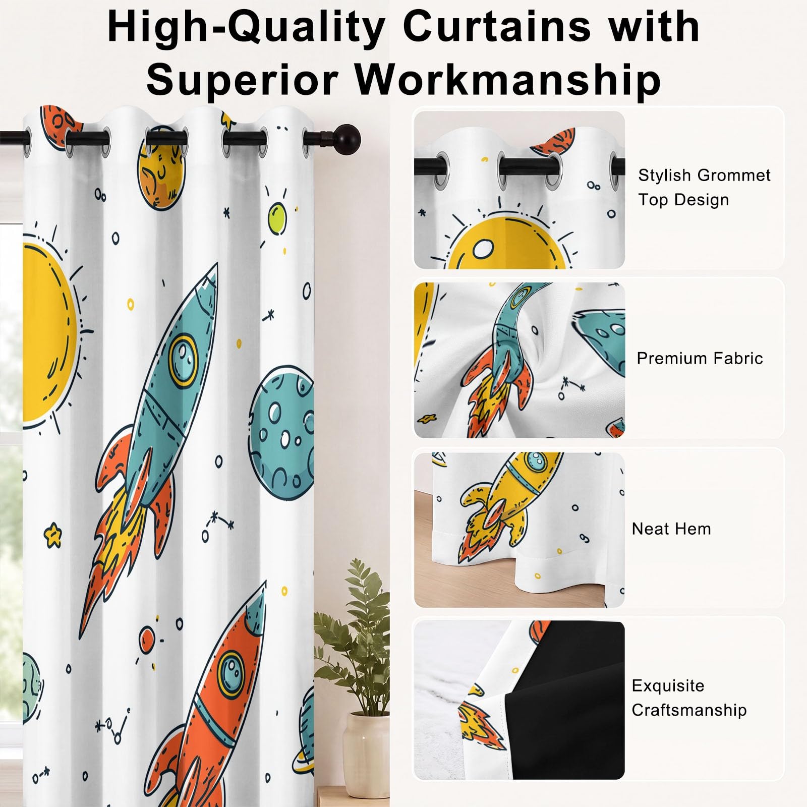 Space Kids Cortinas 95% opacas para oscurecer la habitación, con cohete alienígena, sol, estrellas, universo, tema espacial infantil, cortinas de ventana con aislamiento térmico para dormitorio, 52 x