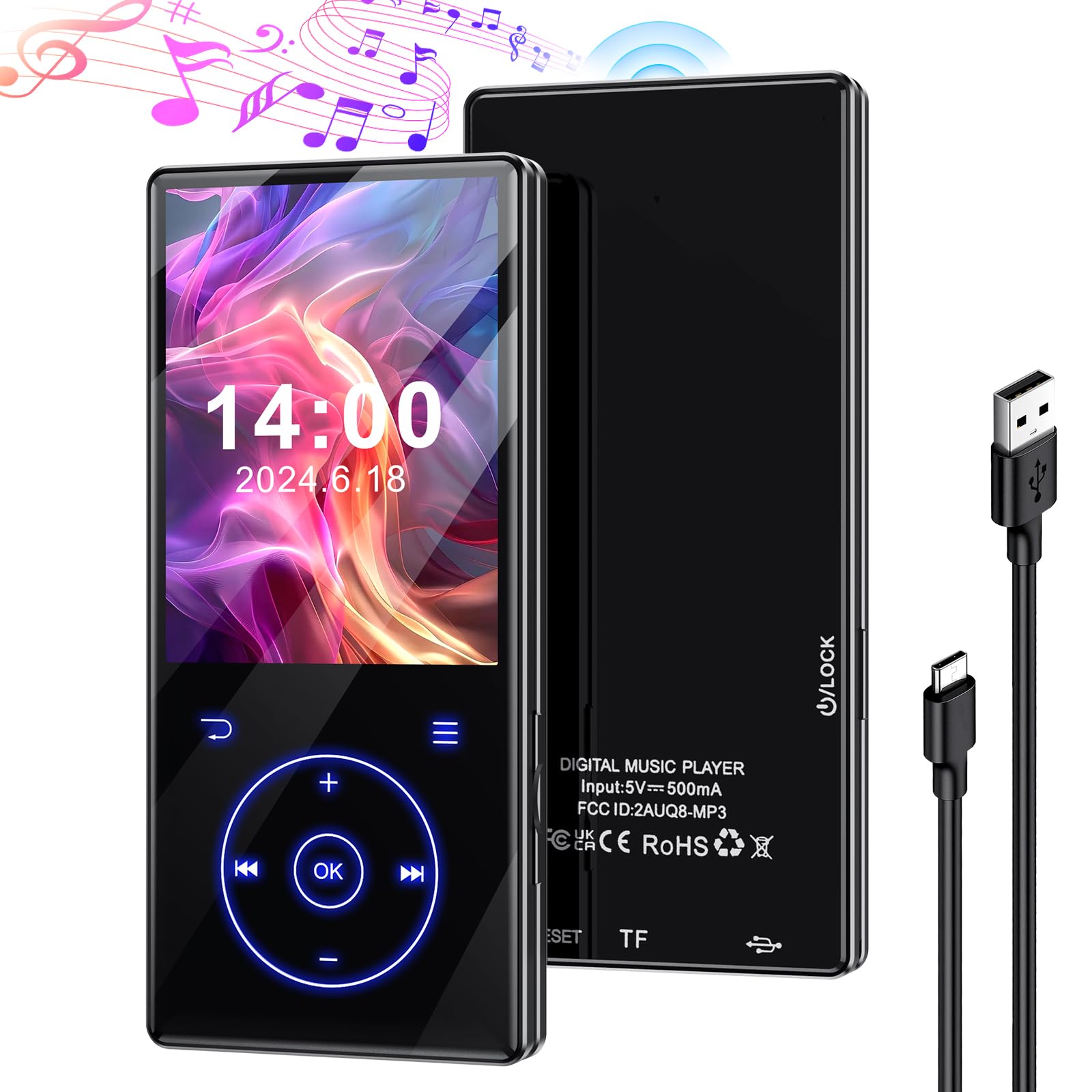 Olycism64GB MP3 Player with Bluetooth Music Player with Built-in HD Speaker 450mAh Battery HiFi Sound Functions Including FM Radio Voice Recording E Books Image Viewing Ideal for Sport Exercising