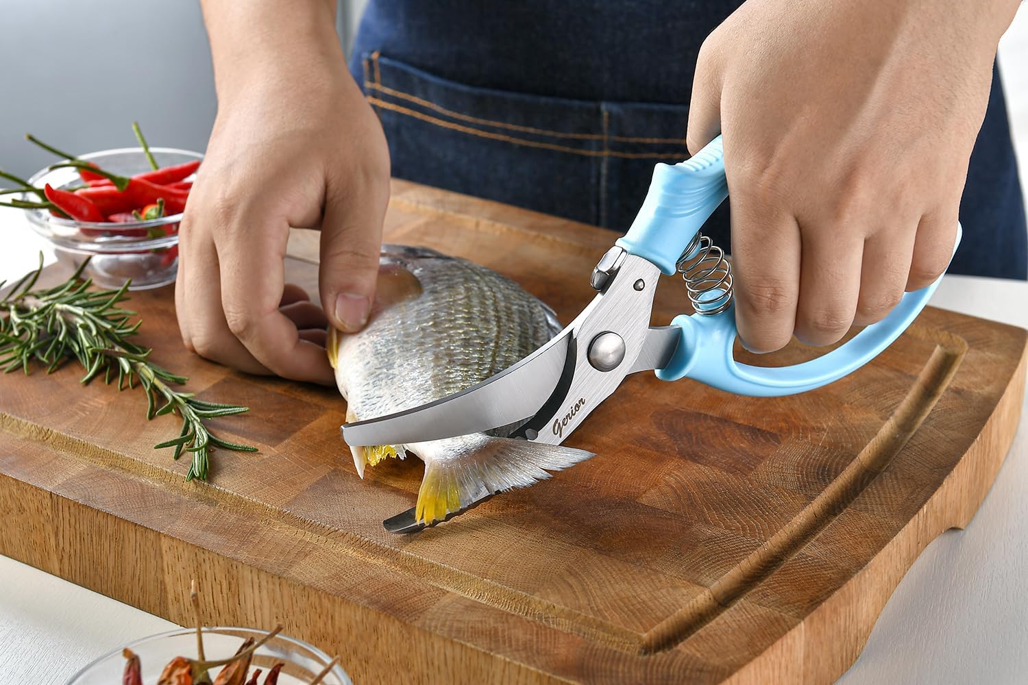 耐久性の高い鶏肉ばさみ - 鶏肉、鶏肉、狩猟肉を切るためのキッチンはさみ - 野菜を刻む - スプリング式 - ブルー
