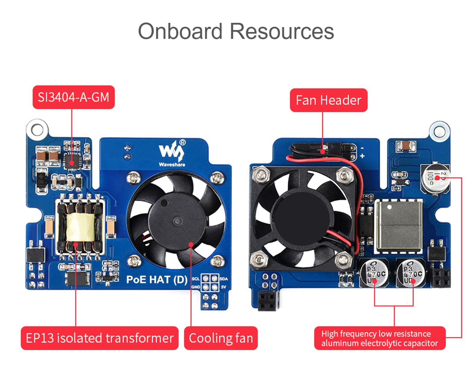 Power over Ethernet (PoE) HAT per Raspberry Pi 4B/3B+, Conforme a IEEE 802.3af, Uscita DC 5V 2.5A, Ventola di Raffreddamento Integrata, Compatibile con Custodia Ufficiale Raspberry Pi 4B/3B+