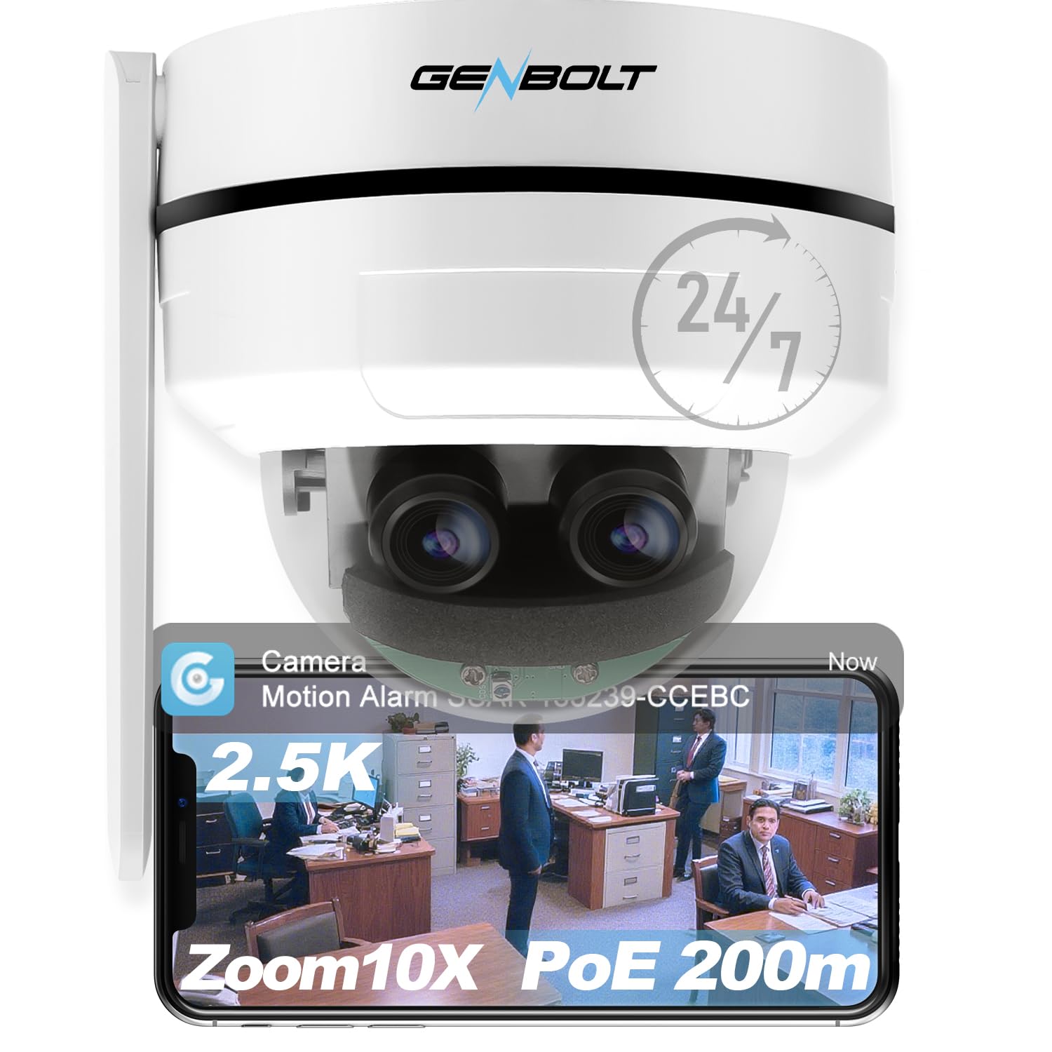GENBOLT 2.5K Telecamera WiFi di sicurezza interni ed esterni, 360 ° Doppio lente Sorveglianza domestica IP CCTV,PTZ 10x Zoom ibrido,Antivandalismo IK10, IP66 impermeabile,2.4G/5GHz Wi-Fi dual-band