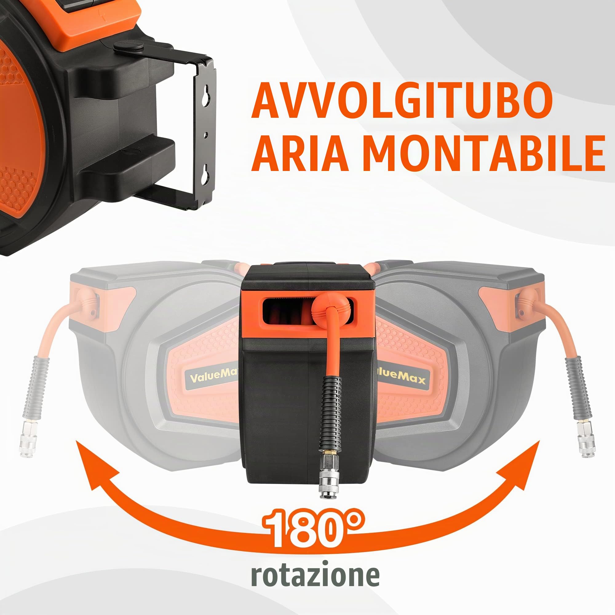 ValueMax Avvolgitubo Aria Compressa 15m+1,5m, Avvolgitubo Pneumatico con Attacco Rapido BSP da 1/4", Dispositivo di Arresto Automatico e Riavvolgitore Automatico