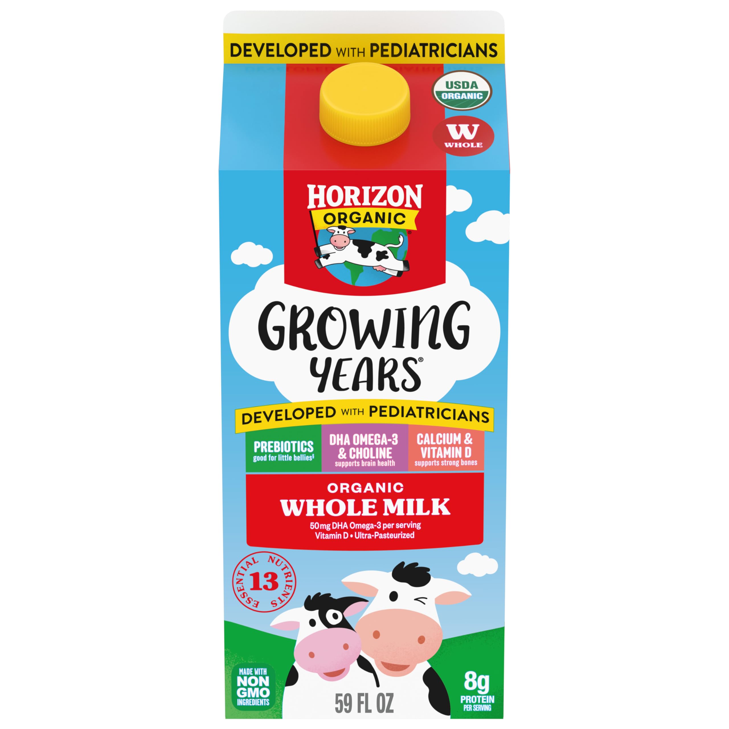 Horizon Organic Growing Years Whole Milk, High Vitamin D Organic Milk for Growing Kids with DHA Omega-3, Choline, and Prebiotics, 59 fl oz Carton