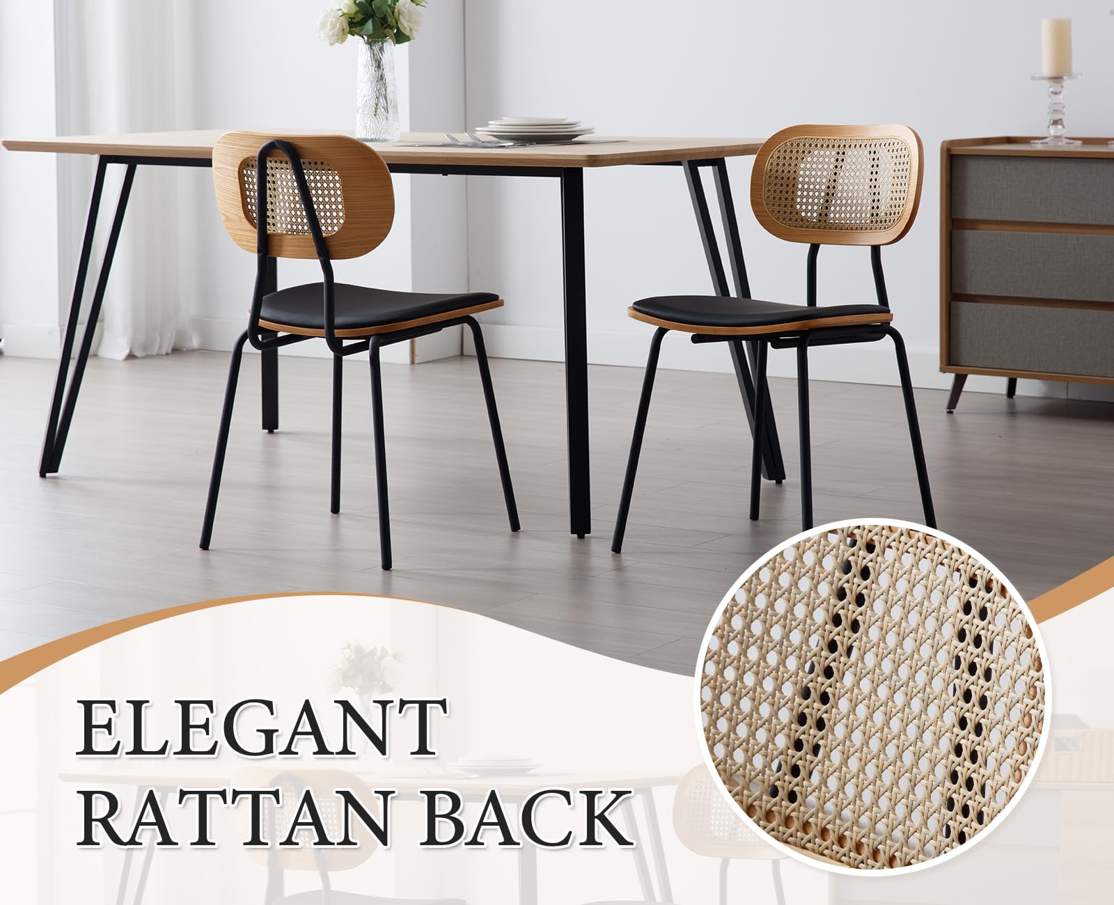 Ya-Home Rattan Esszimmerstühle 2er Set Rattanstuhl mit Metallbeinen Küchenstuhl aus Kunstleder Polsterstuhl für Esszimmer, Schwarz