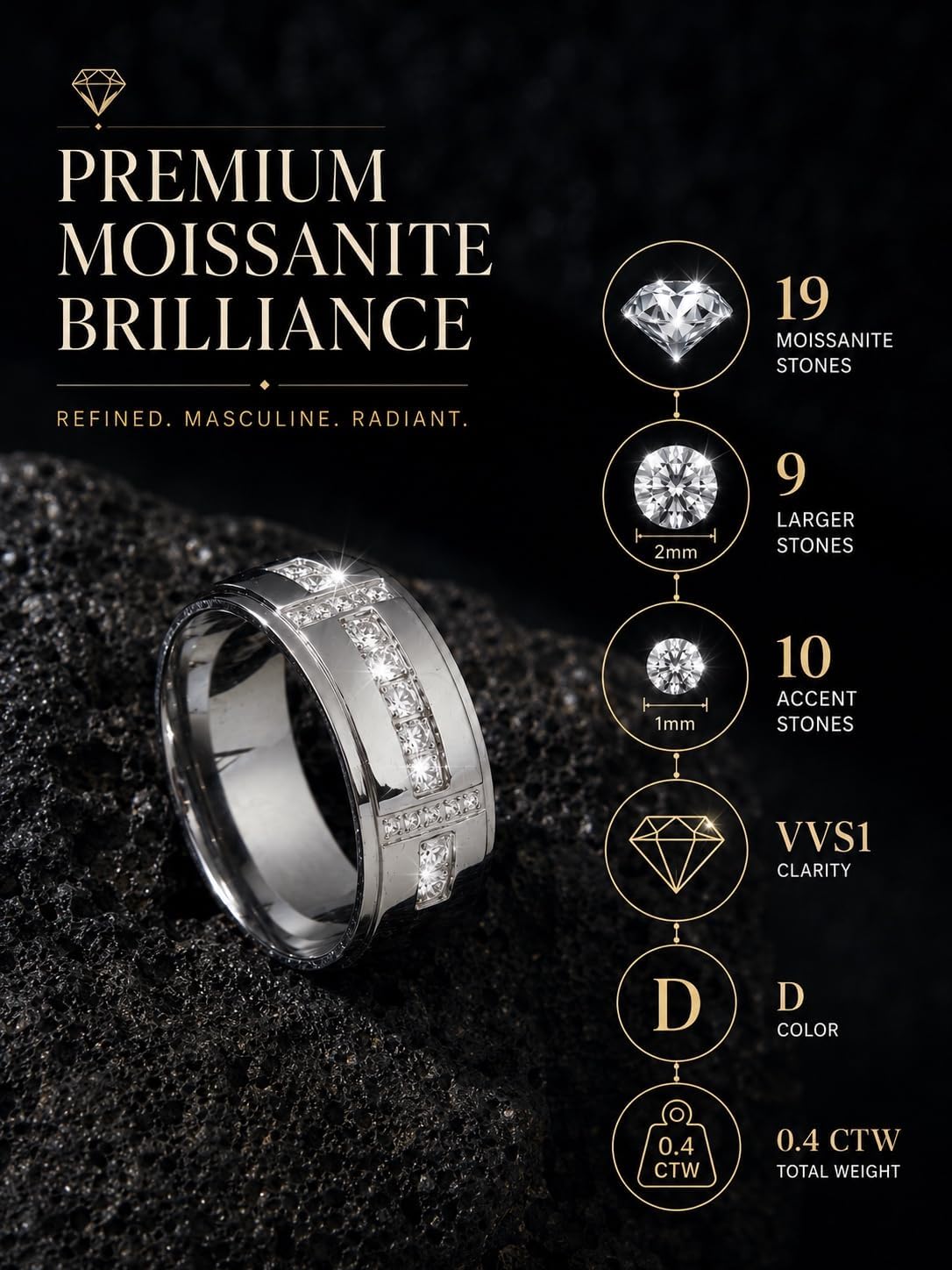 Lightweight ASTM F136 Titanium Mens Wedding Band Moissanite Ring, VVS1.D Color 0.4CTW Mens Engagement Ring, Comfort Fit 14K Gold Plated/Silver Rings for Men Anniversary Promise Ring, US SIze 7-12, Titanium/14K Gold Plated Color