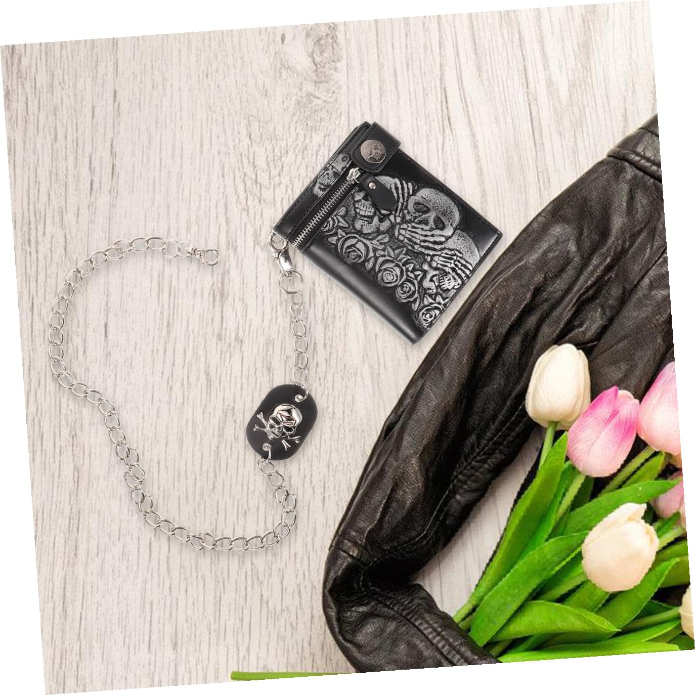 Cartera de Cuero Estilo Punk Cartera con Cadena y Estampado de Esqueleto Gótico para Viajes