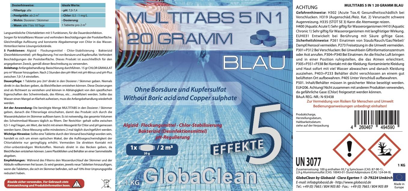 Multitabs für Pool 5 in 1-20g (1kg) - Blue Edition - Premium Chlortabletten für kristallklares Poolwasser - Langzeit Chlor Tabs zur Algenbekämpfung & optischen Wasserveredelung