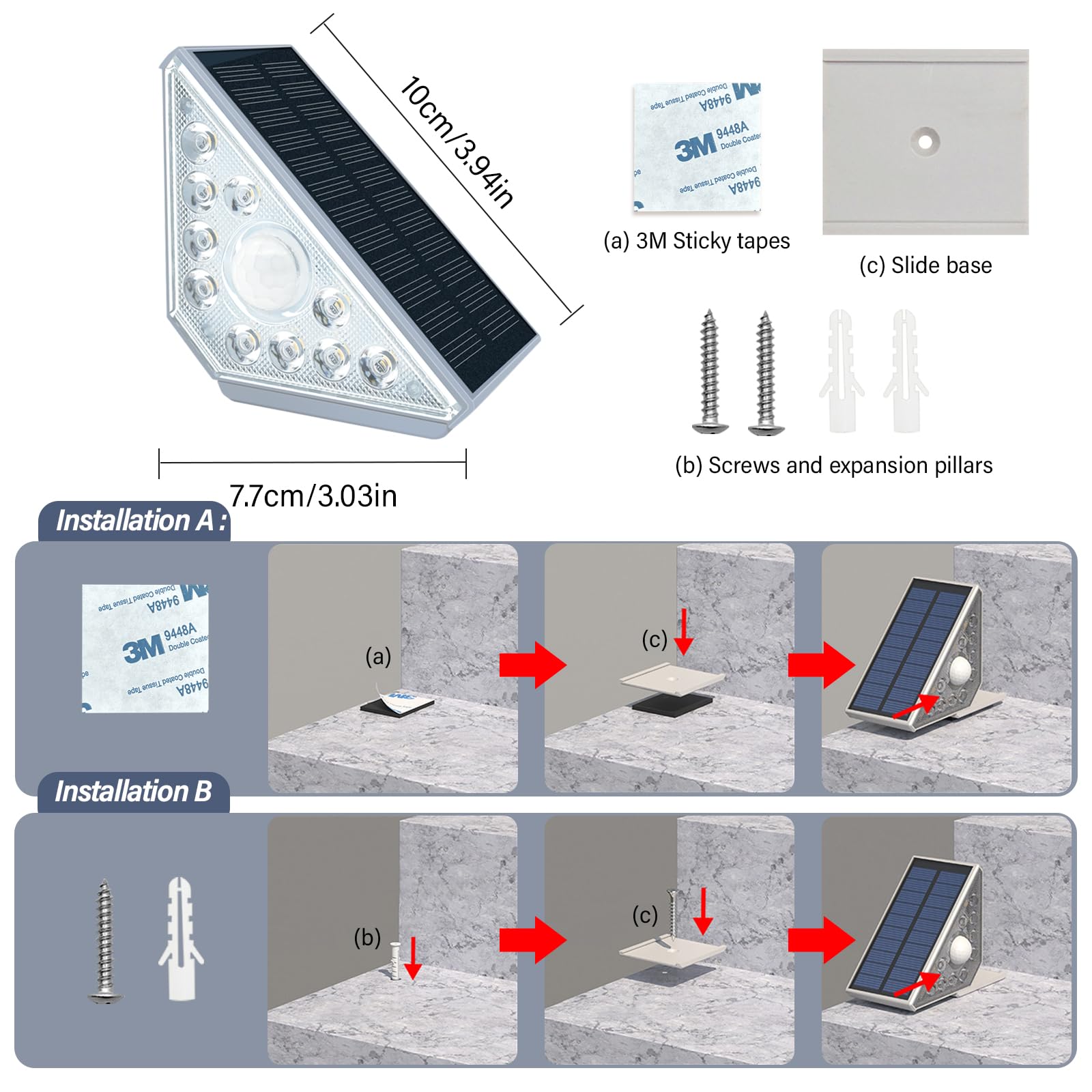 Lampes solaires d'escalier avec détecteur de mouvement IP44 800 mAh Lot de 4 lumière blanche chaude haute luminosité