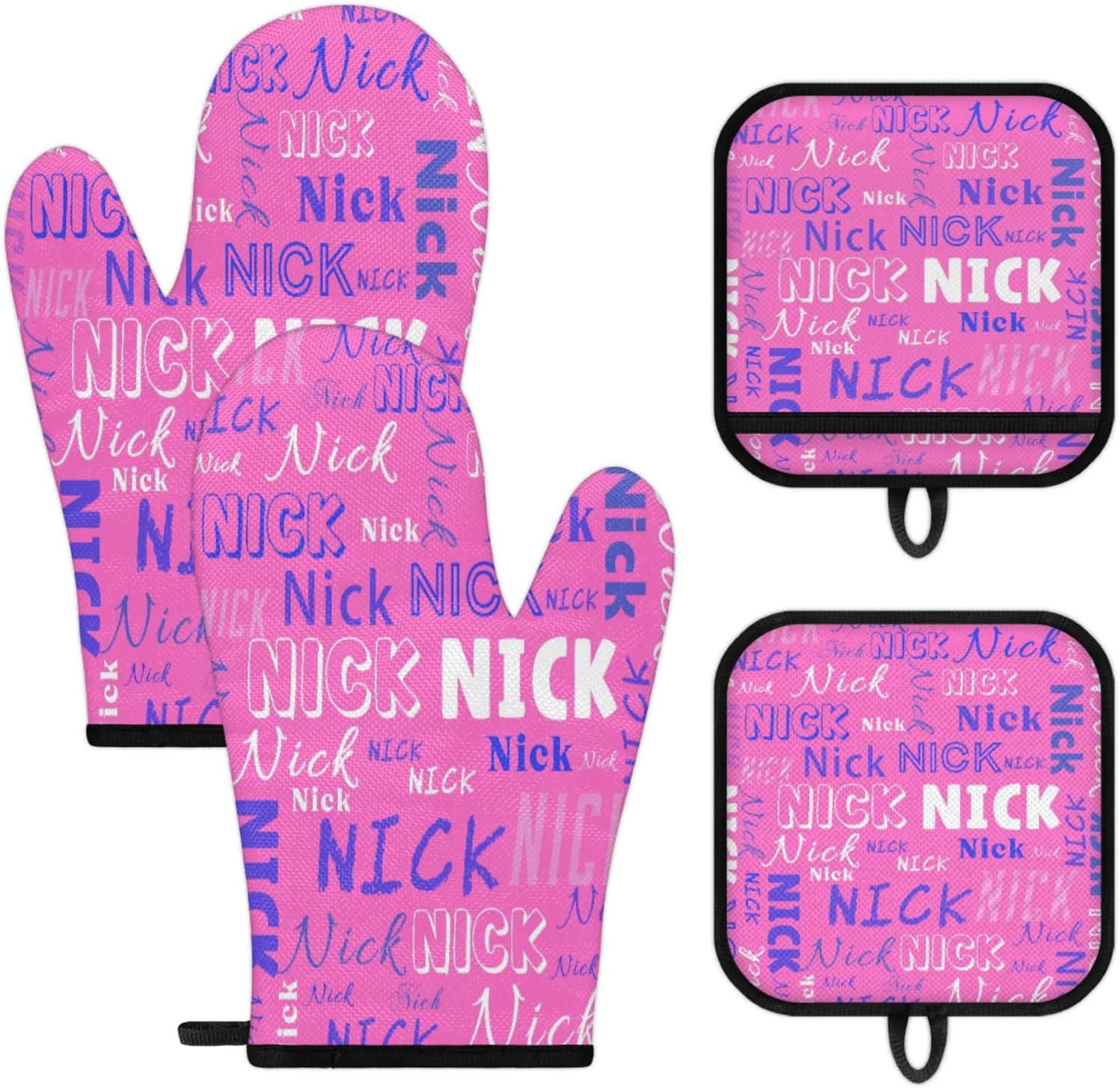 Custom Oven Mitts and Pot Holders Sets with Name Personalized Heat and Slip Resistant Oven Gloves Kitchen Mitts Hot Pads Gifts for Women Men Kitchen Cooking Baking Neon Pink