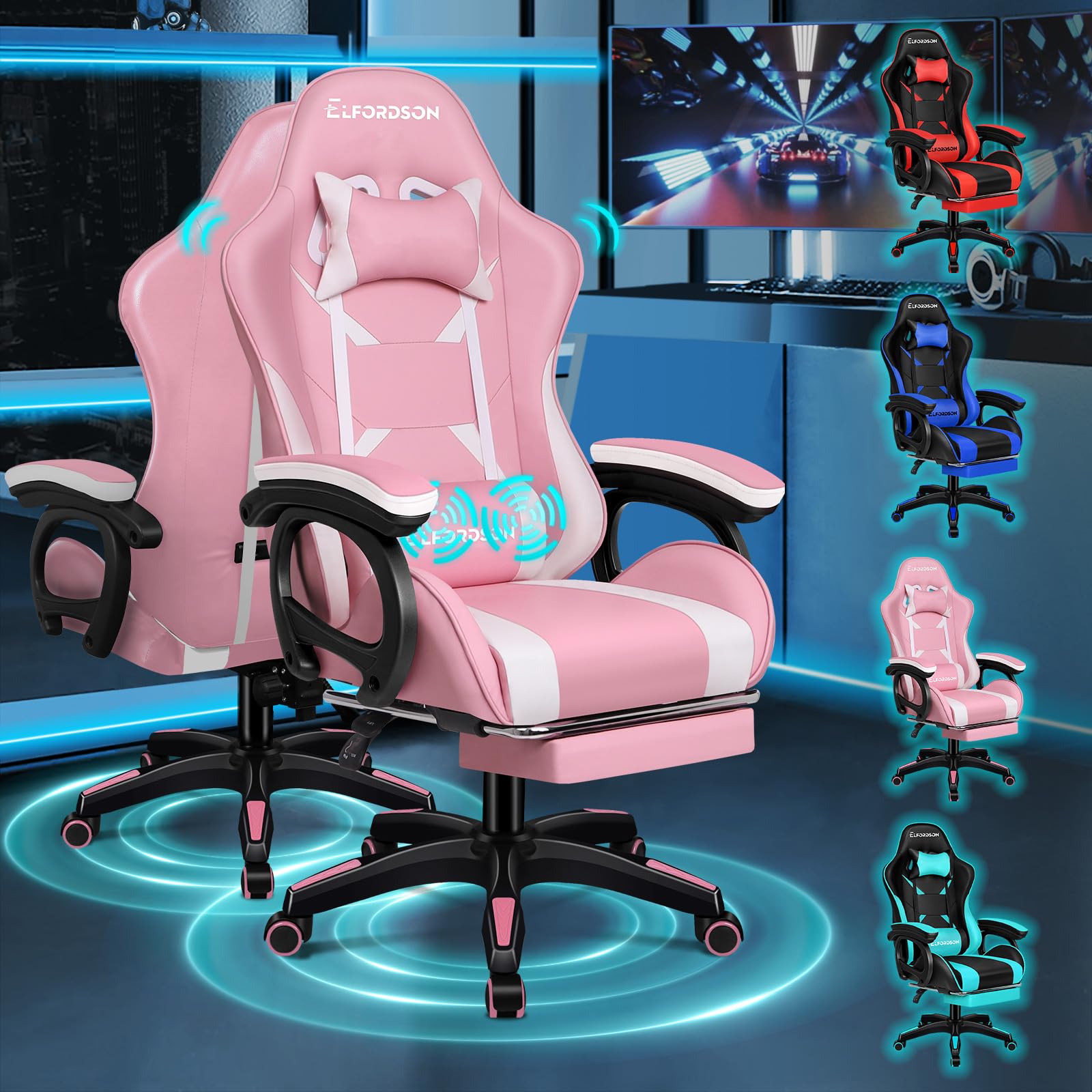 ELFORDSON Gaming Chair with 2-point Massage Lumbar Cushion, High Back PC Computer Game Chair, 150° Reclining Office Chair with Headrest & Footrest, 360° Swivel, Home Esports, PU Leather, Pink