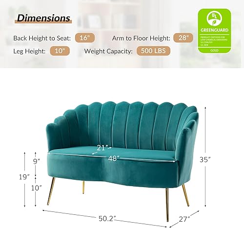 Miniatura 114 de HULALA HOME Moderno sofá biplaza de terciopelo con respaldo en forma de flor, cómodo sofá tapizado de 2 plazas con patas de metal dorado, sofá