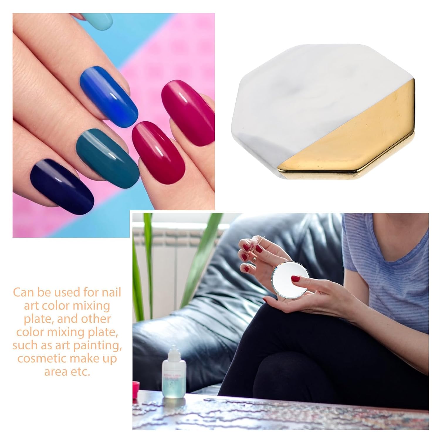 Wakauto Ceramic Nail Art Display Tray with Marble Pattern for Color Mixing and Fake Nail Piece Display, Desktop Decoration for Home and Bedroom Use, Elegant and Unique Design in Golden