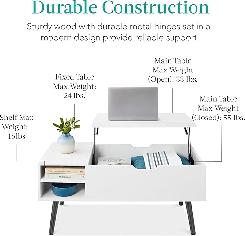 Miniatura 7 de Best Choice Products Mesa de centro de madera con tapa elevable, mesa de centro multifuncional moderna de mediados de siglo para sala de estar con