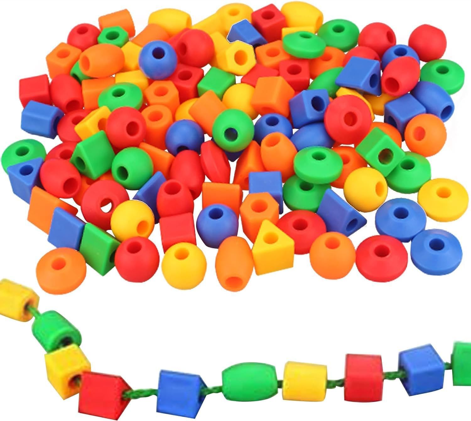 Joyzzz Lacing Beads Set, Primary Lacing Beads with Colorful Bag, 140 Stringing Beads with 4 Strings, Shape Sorter Montessori with for Preschool Activities Gifts