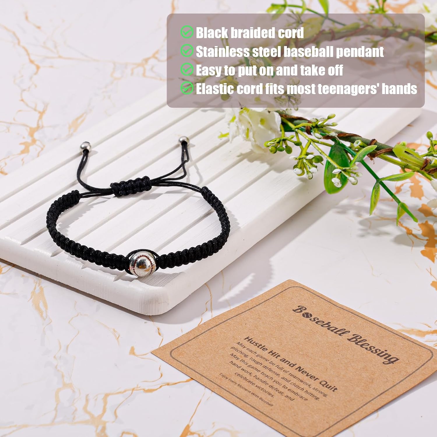 Baseball Bracelet Gift, Adjustable Braided Baseball Bracelet Themed Gifts with Message Card for Fans