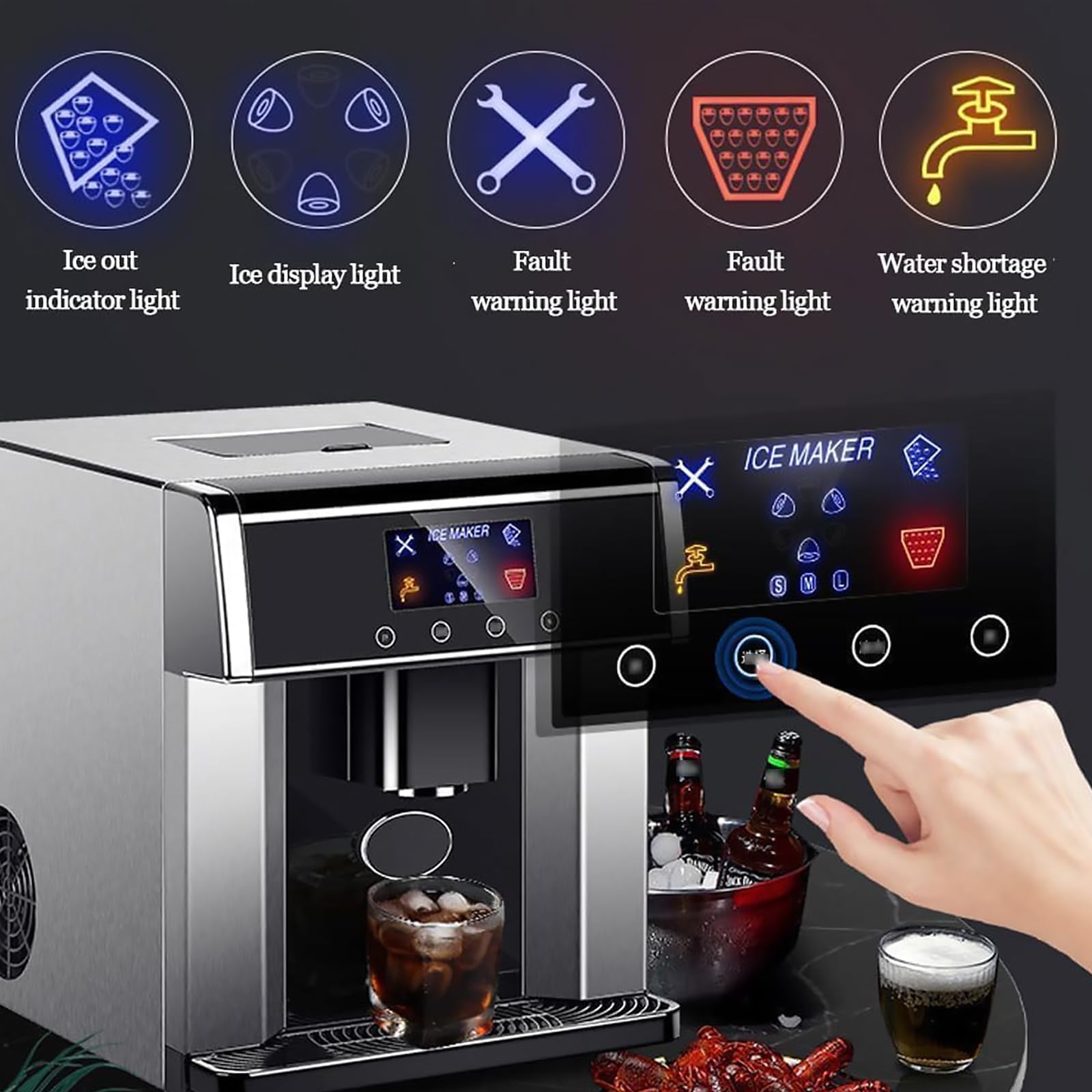 Máquina de Hielo y Dispensador de Agua 2 en 1 – 15kg/33lbs en 24h, 3 Tamaños de Cubitos, Doble Entrada de Agua, Pantalla LCD Autolimpiante, Máquina de Encimera para Hogar, Oficina, Bar