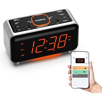 iTOMA Radio Alarm Clock with App Control Bluetooth FM Radio Dual Alarm of 4 Alarm Modes Easy Snooze Dimmer Orange Night Light 12/24 Hours via USB Charging Port CKS208
