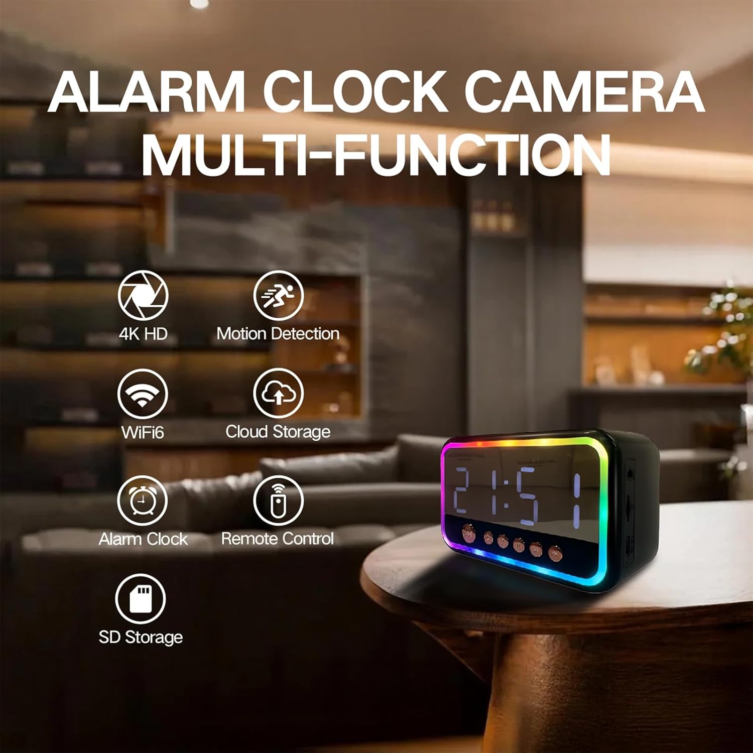 ULar 4K Camera Wireless Clock USB-Powered Picture Taking Cam–Motion Detection Pet Monitors for Home Indoor Security Cameras Support App Remote Colorful Alarm Clock - No Audio