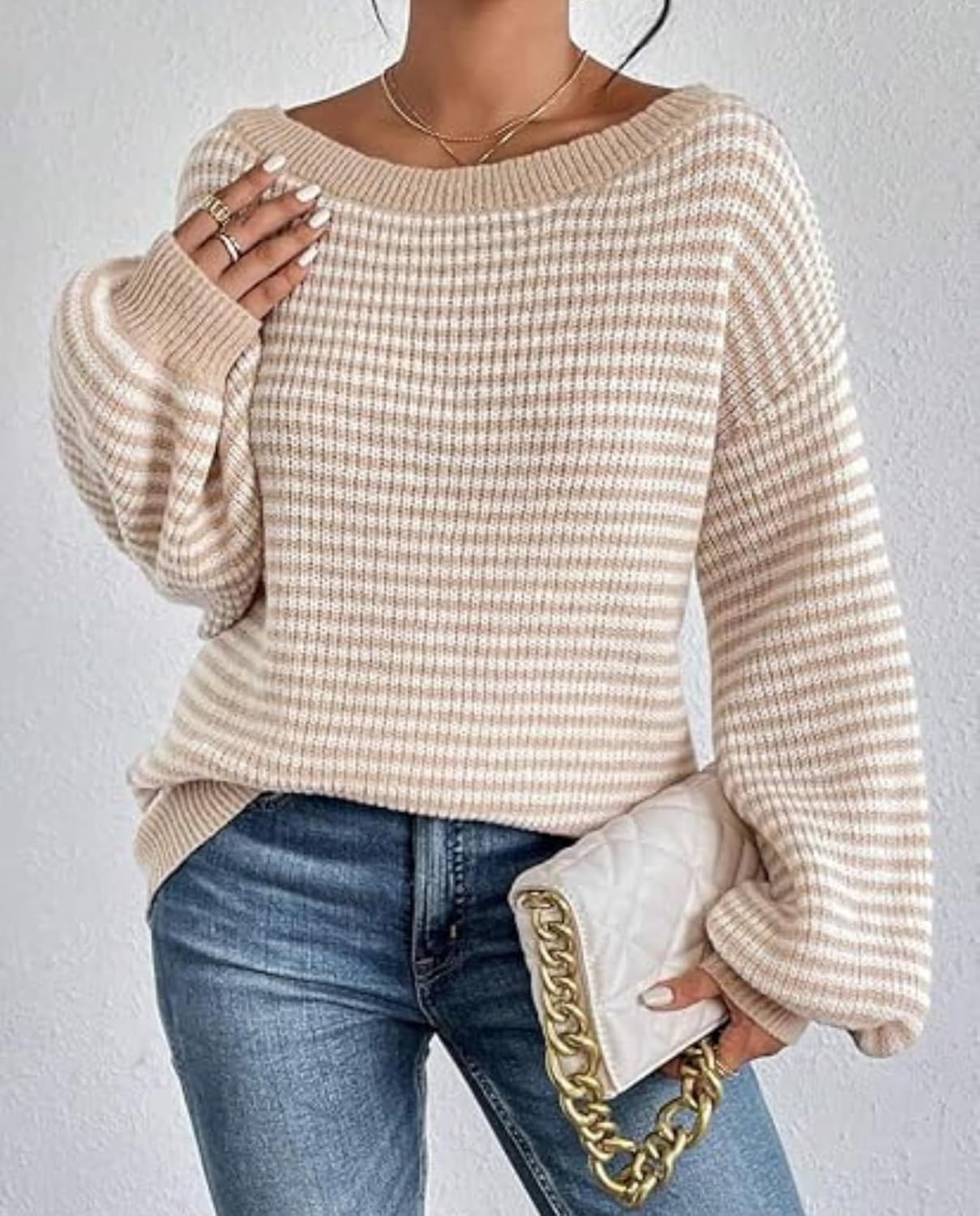 LIZALIG Women's 2025 Fall Long Sleeve Sweaters Casual Loose Striped Off Shoulder Oversized Knitted Sweater Pullovers - Image 5