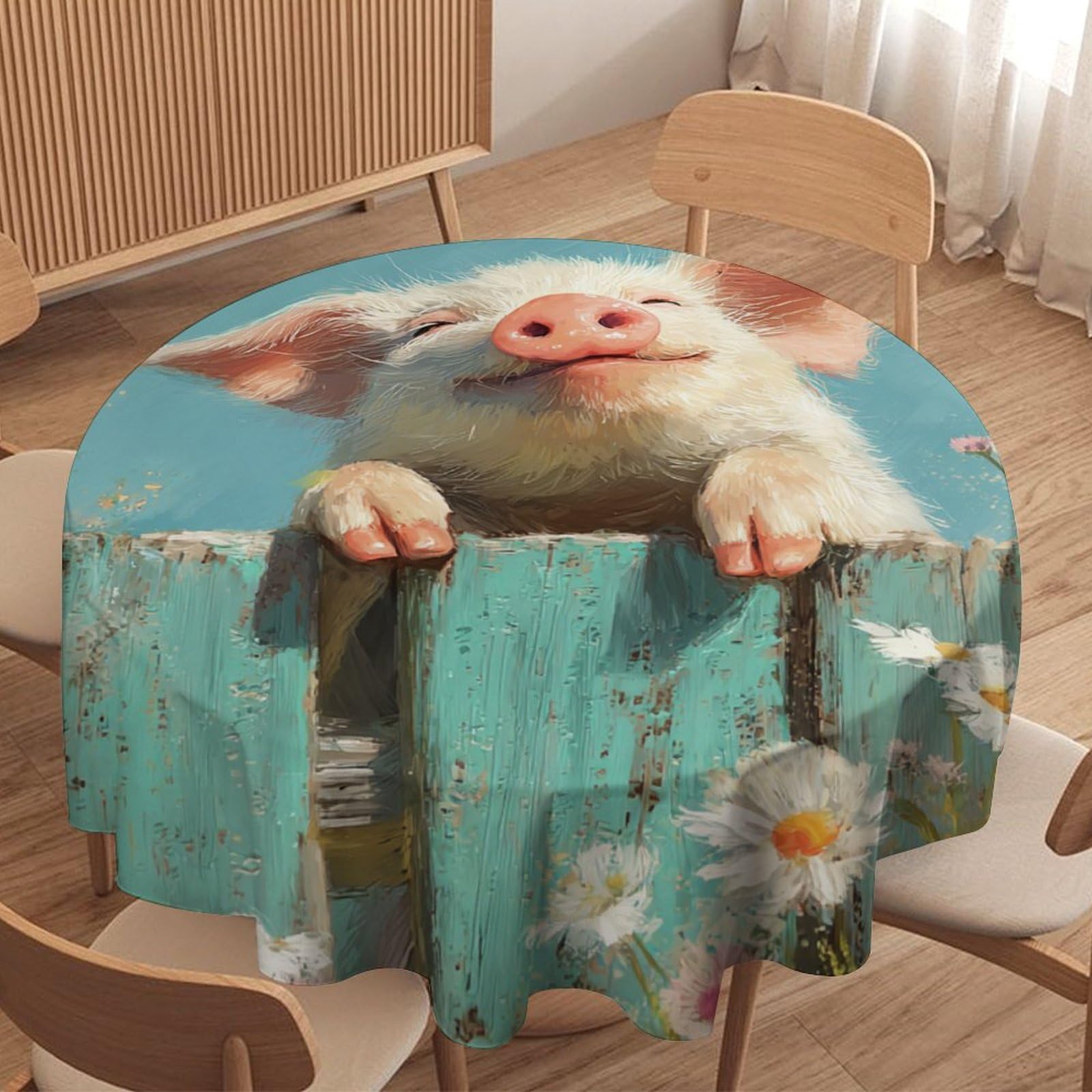 LUYYSKY Abstract Aesthetic Cute Pigs Waterproof Round Tablecloth Rustic Spring Farm Wooden Fence Plants Daisies Floral Animals Pigs Washable Table Cover for Kitchen-177.8" Wx177.8 L cm