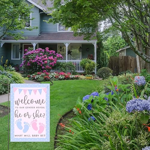 Miniatura 9 de Bandera de jardín de 12 x 18 pulgadas, bandera rosa y azul de doble cara, bandera de revelación de género para niño o niña, huella de bebé, pancarta