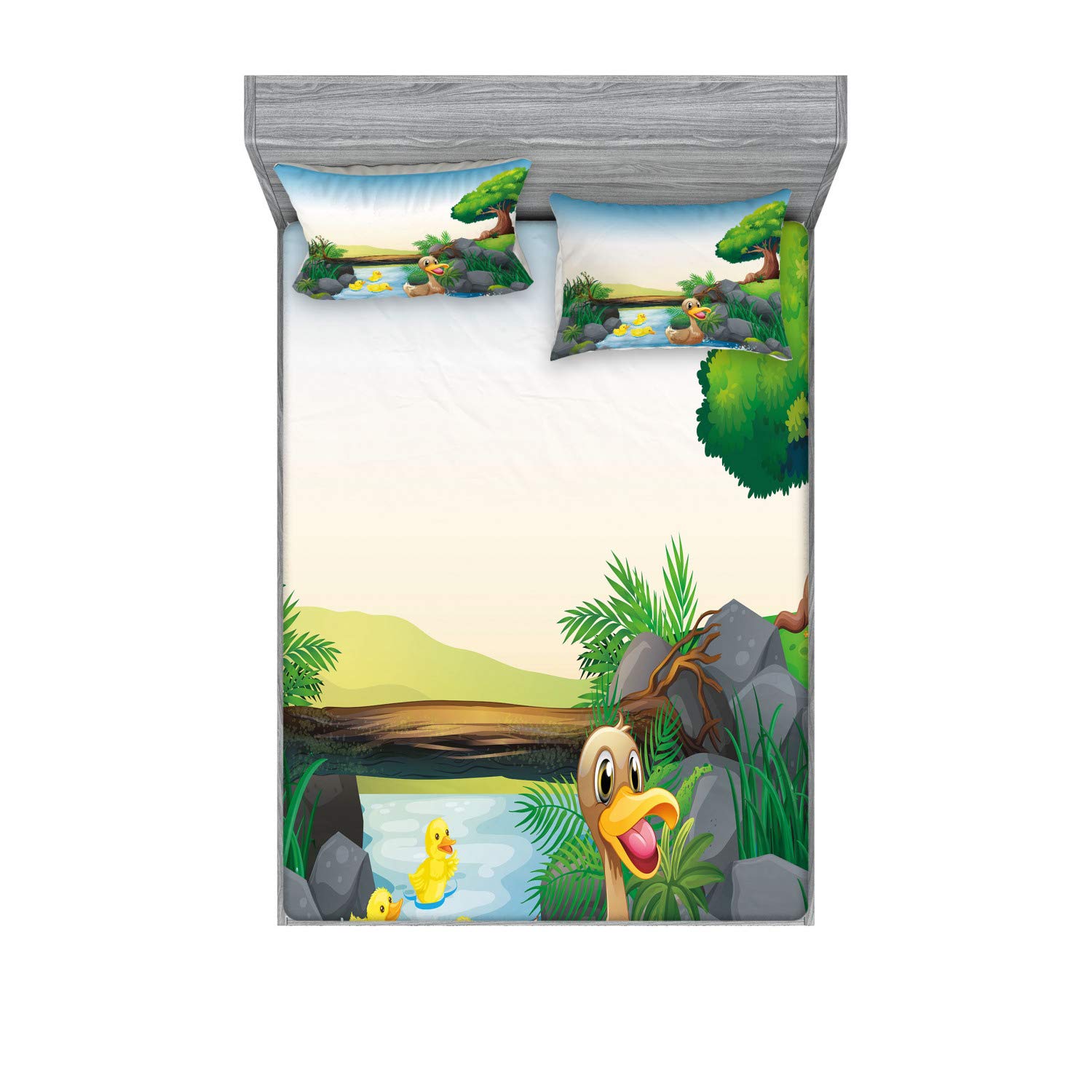 Ambesonne Rubber Duck Fitted Sheet & Pillow Sham Set, Cartoon Mother and Ducklings River Kids Fun Farm Animals Print Outdoor Feathers, Decorative Printed 3 Piece Bedding Decor Set, King, Green Brown