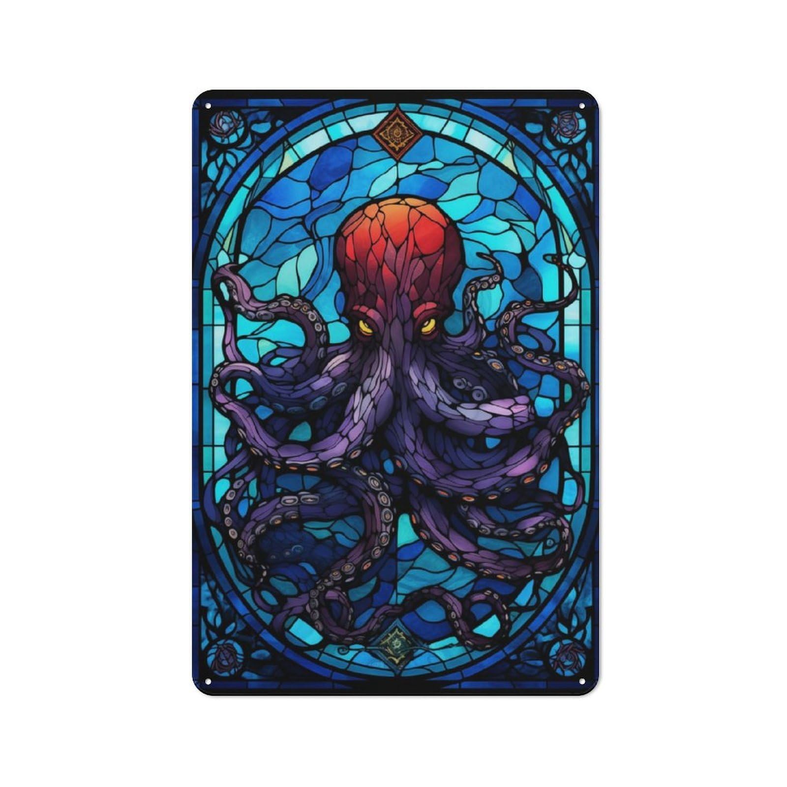 Junmoney Octopus Stained Glass Art Retro-Style Metal Plaque 30X20cm For Kitchen Or Home Bar, Gift For Home Bar Enthusiasts During The Christmas Season