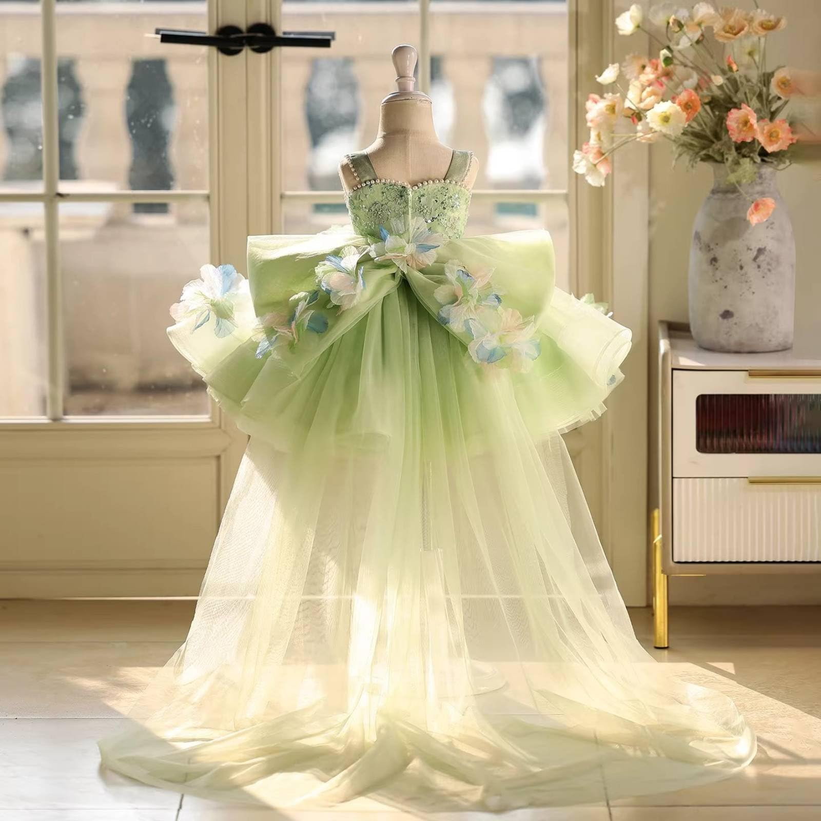 F Fityle Vestido de Fiesta para Niña Vestido Traje Gala con Gran Lazo Posterior Aplicaciones Florales y de Tul Ligero Adecuado para Bodas Comuniones Desfiles Sesiones de Fotos