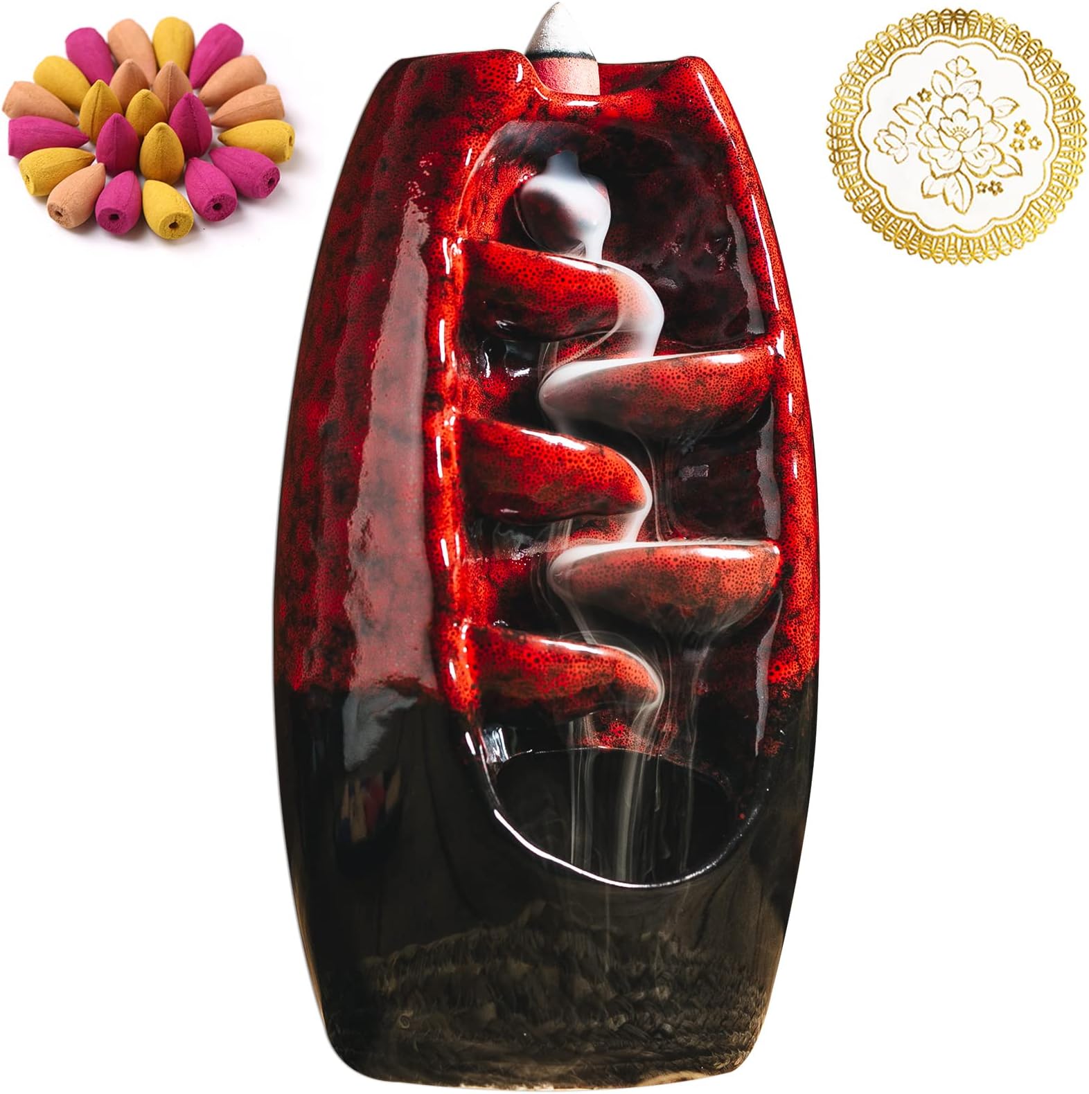 INONE Ceramic Incense Burner with 150 Cones, Waterfall Backflow Incense Holder, Aromatherapy Ornament, Zen Decor, Home Decor, Room Decor (Red)