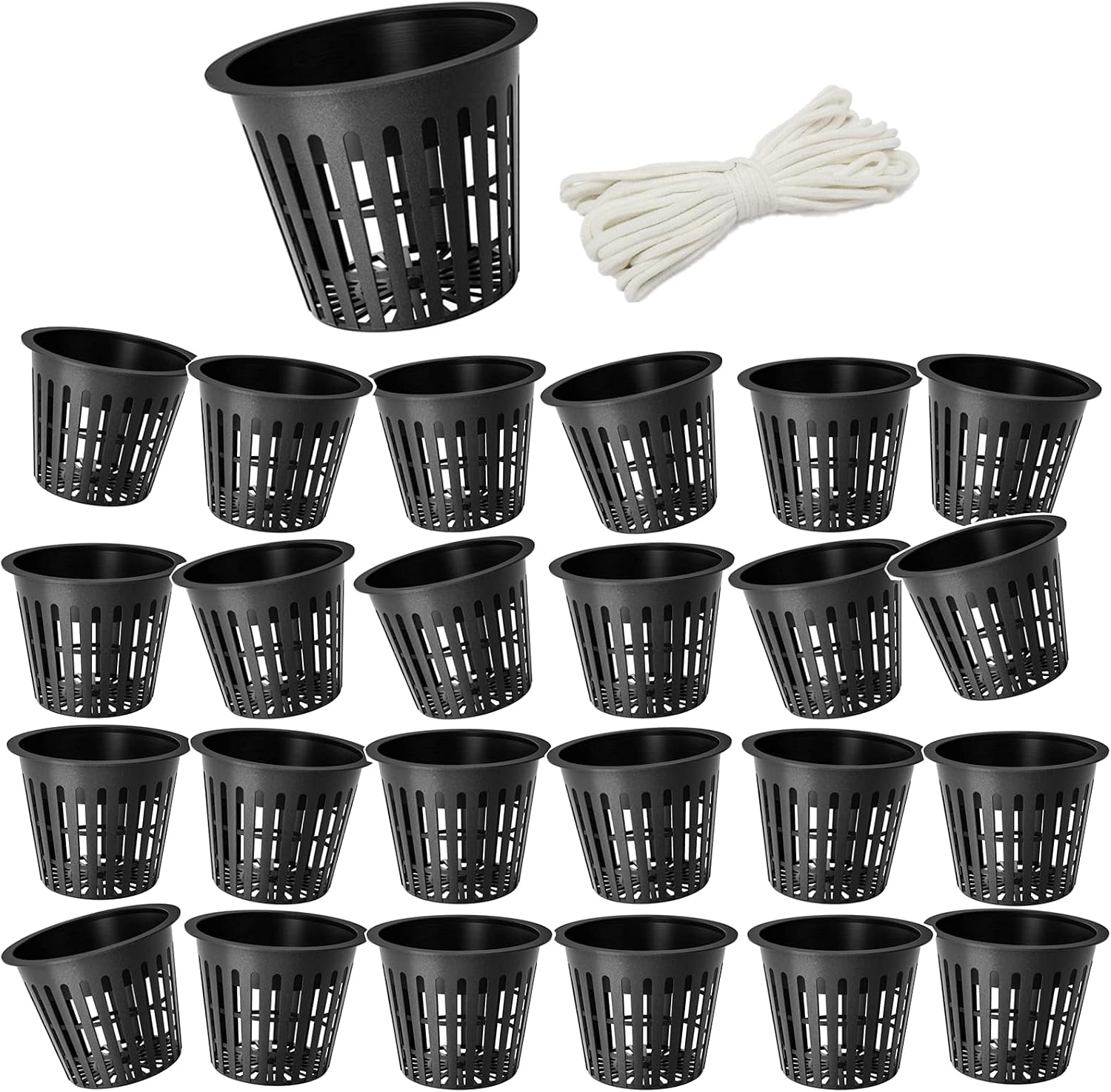OAK LEAF Hydroponic Cups, 3 Inch Net Pots Cups with Self-Watering Capillary Water Wick (10m 32.8ft) for Hydroponics, Slotted Mesh, Black, 25 Packs