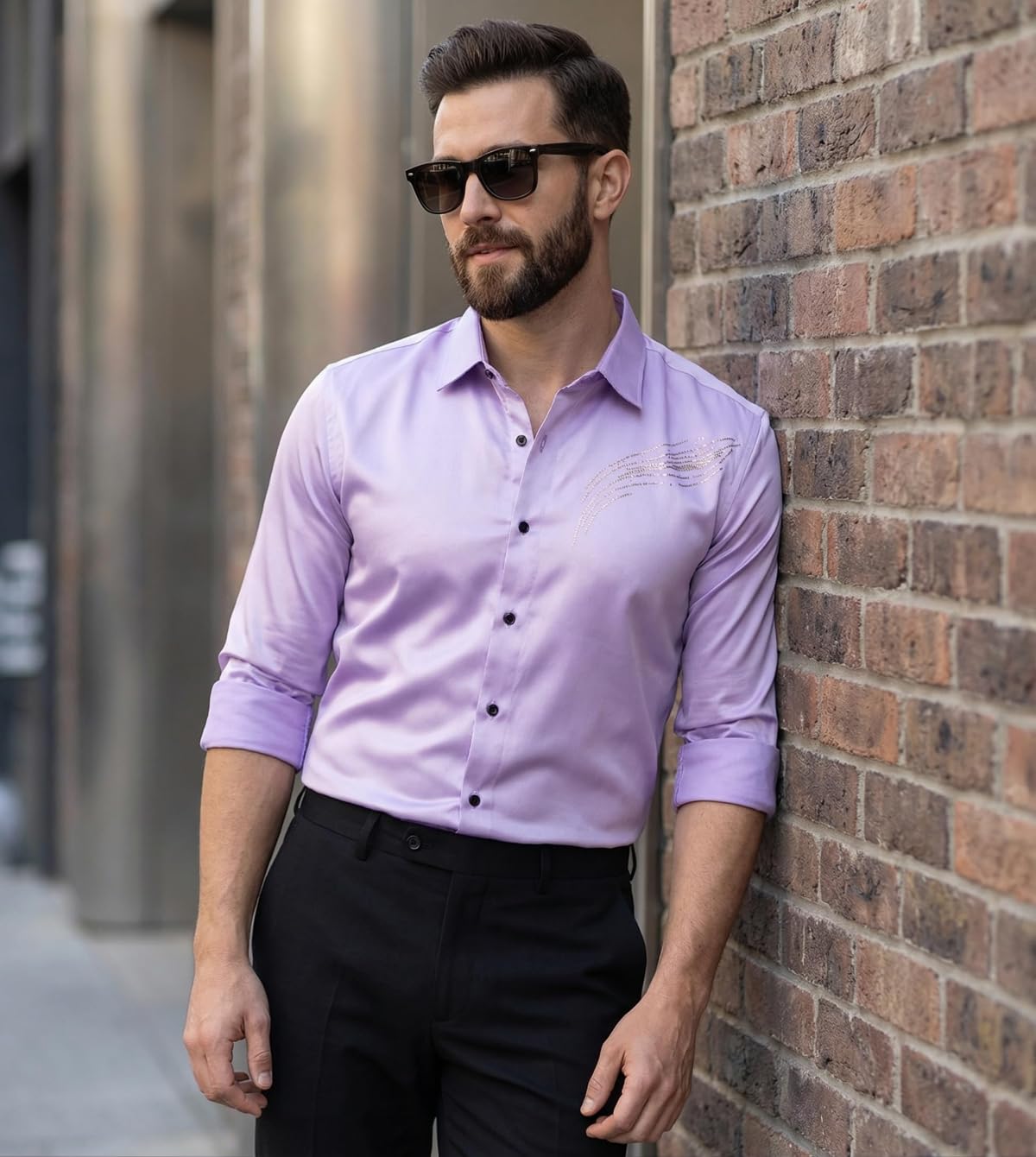 IndoPrimo Elegante camisa de satén para hombre, corte normal, estilo casual, estilo de diseñador, trabajo de piedra, fiesta, manga formal