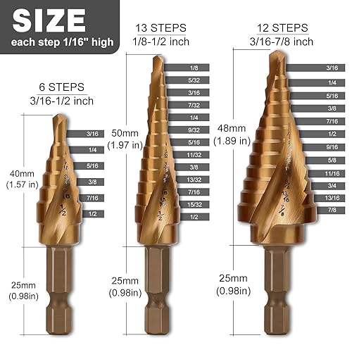 Miniatura 2 de COMOWARE Juego de brocas escalonadas de cobalto, 3 brocas de vástago hexagonal HSS con dos flautas en espiral y preparación para impactos, ideal