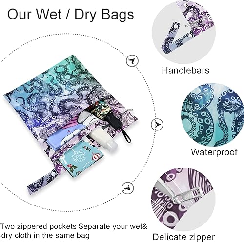 Miniatura 5 de visesunny Abstract Octopus Hipster - 2 bolsas húmedas con bolsillos con cremallera, lavable, reutilizable, espaciosa, bolsa de pañales para viajes,