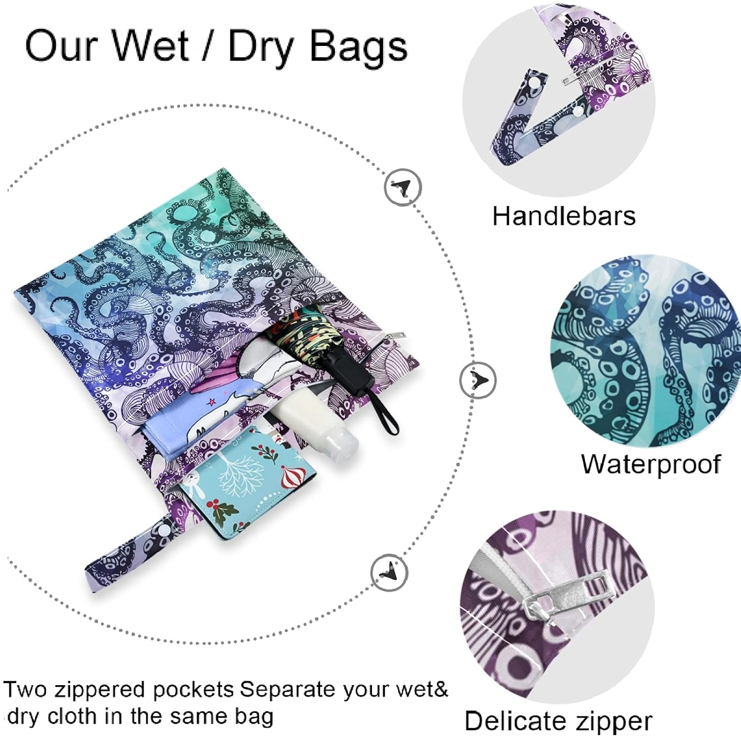 visesunny Abstract Octopus Hipster 2Pcs Wet Bag with Zippered Pockets Washable Reusable Roomy Diaper Bag for Travel,Beach,Daycare,Stroller,Diapers,Dirty Gym Clothes,Wet Swimsuits,Toiletries