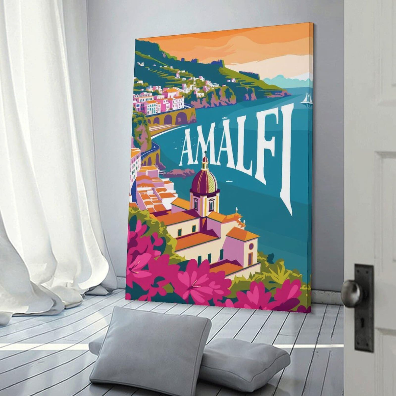 Junmoney Frame-Style-11 Decorative Wall Artwork Amalfi Travel Poster, 24X36inch(60X90cm), For Contemporary Homes, Apartments Or Offices, An Easy Choice For New Home Styling