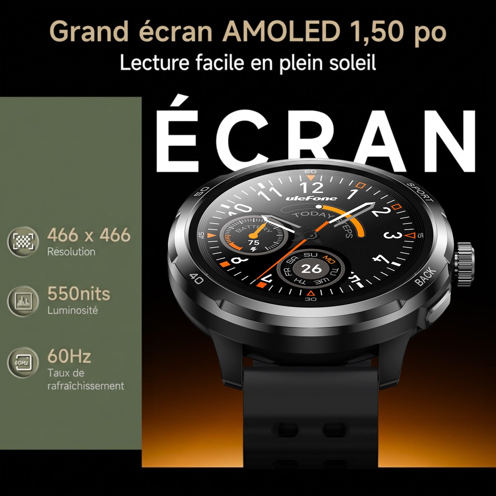 Ulefone Armor Watch Pro Montre Connectée Homme,Militaire Smartwatch Homme avec GPS/Boussole/ChatGPT/Appels Bluetooth, Fitness Montre Connecté avec Plus de 100 Modes Sportifs,Fréquence Cardiaque